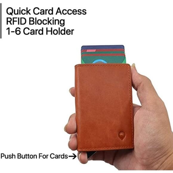 Genuine Leather AirTag Wallet - RFID Blocking Bifold Wallet (Tan) for Men - Picture 1 of 4